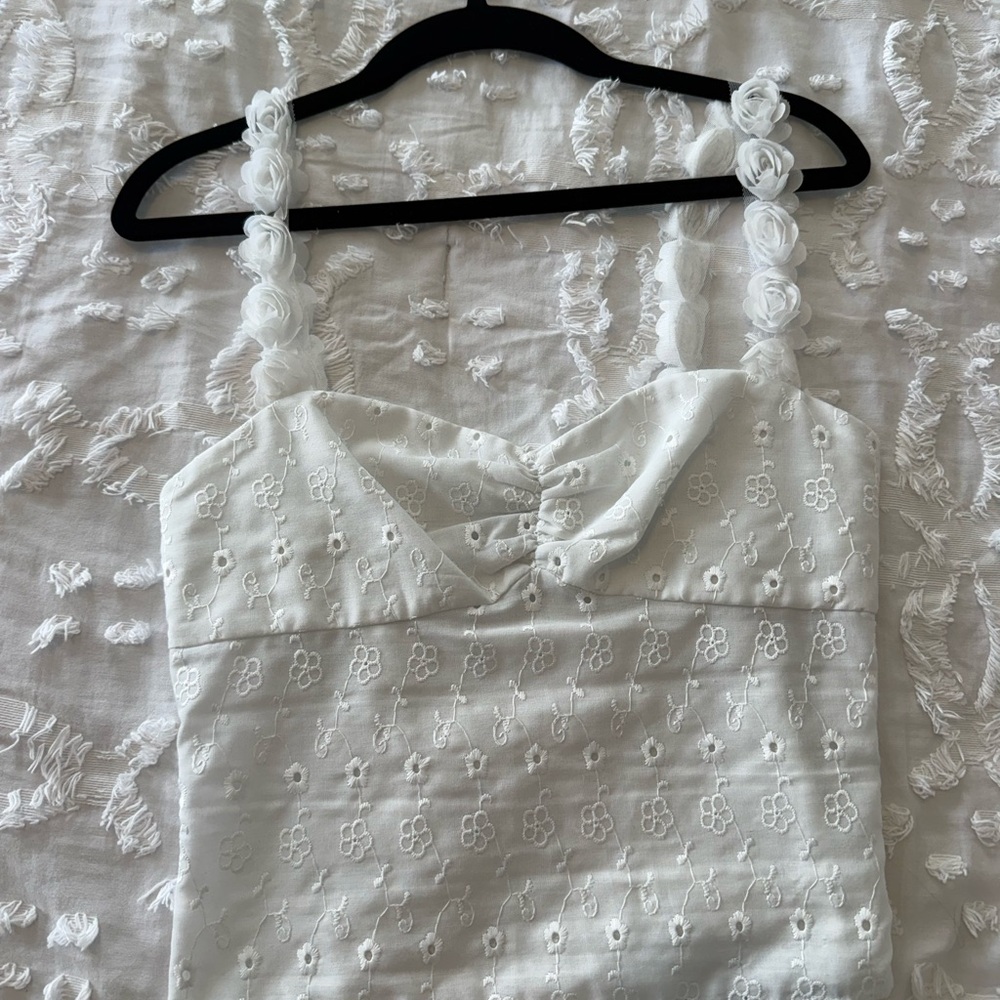 Princess Polly White Embroidered Eyelet Tank Top with Floral Straps